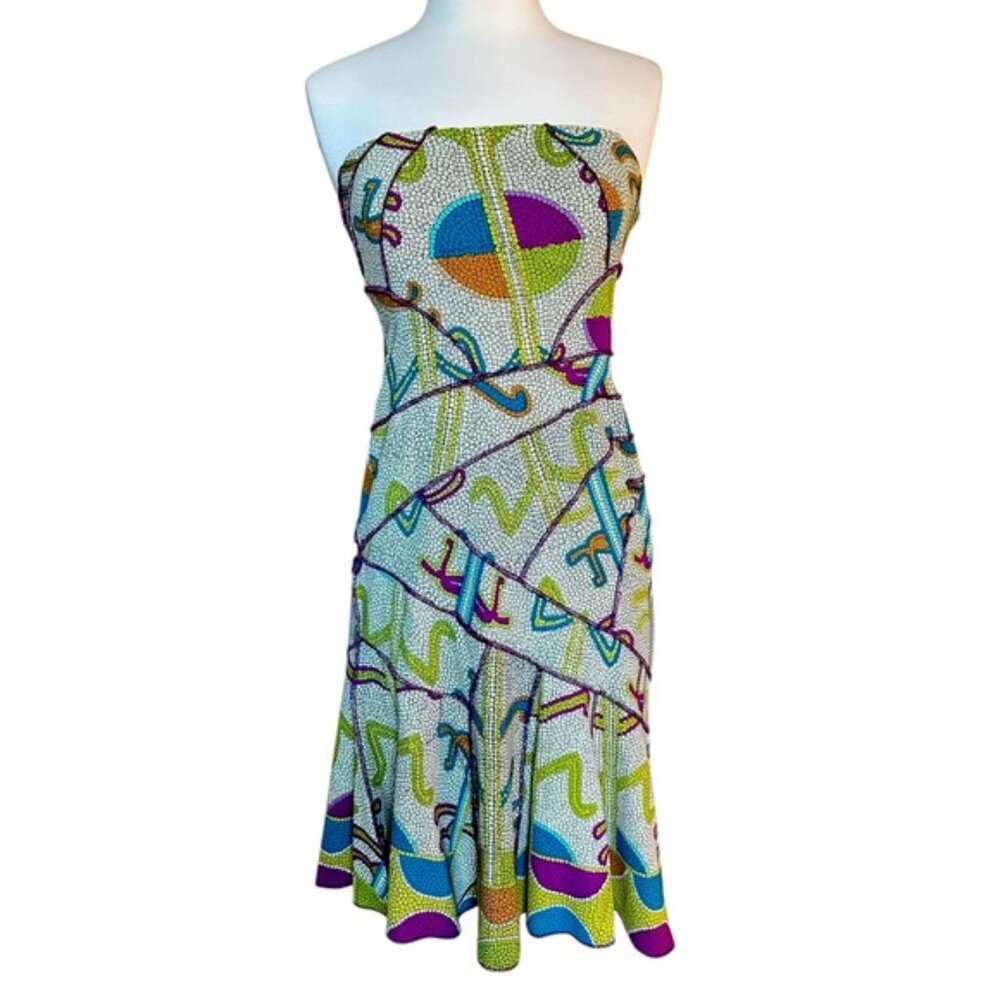 Nicole Miller | Green & Purple Paisley Print Asymmetrical Midi Dress Size 4